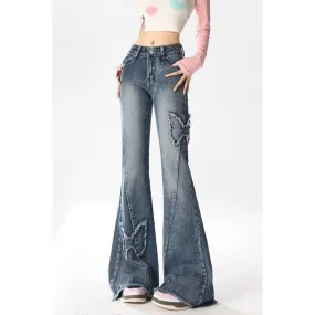 Voguable 2000s fashion American Retro Butterfly Embroidered Micro Flared Jeans for Women New Popular Design High Waist Mopping Pants