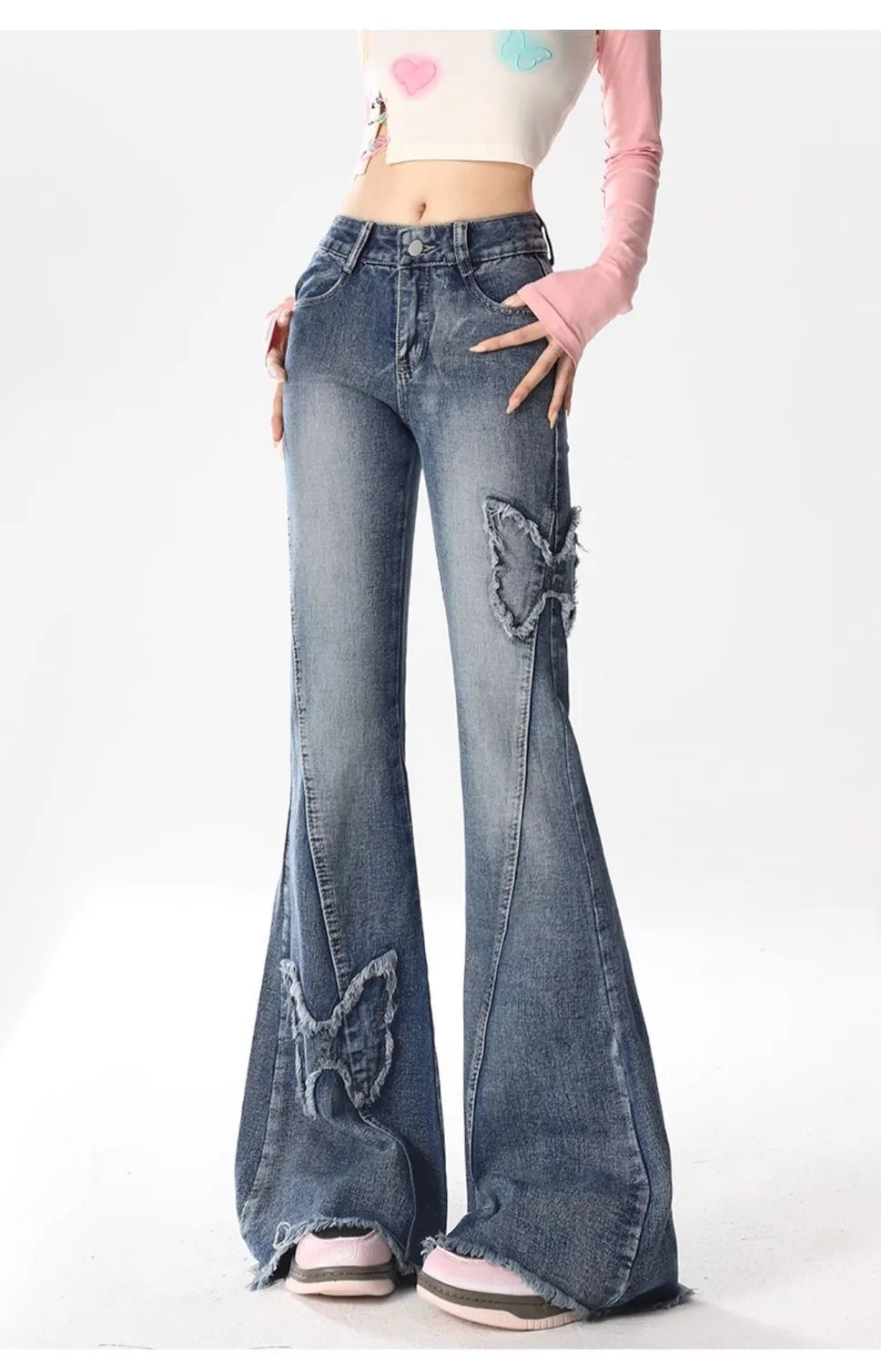Voguable 2000s fashion American Retro Butterfly Embroidered Micro Flared Jeans for Women New Popular Design High Waist Mopping Pants