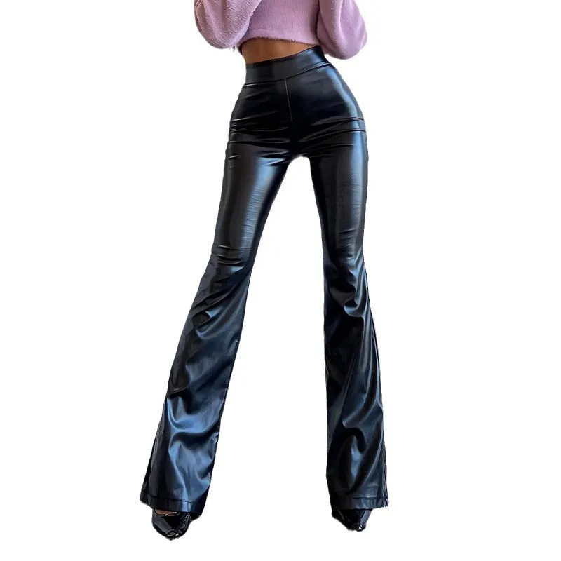 Wenkouban curvy casual outfits Women's 2024 Winter New High Waist Light PU Leather Pants Trousers Black Glossy Flared Trousers Women's Pants