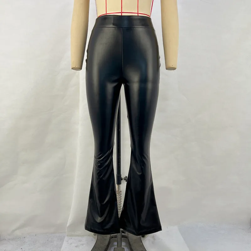 Wenkouban curvy casual outfits Women's 2024 Winter New High Waist Light PU Leather Pants Trousers Black Glossy Flared Trousers Women's Pants