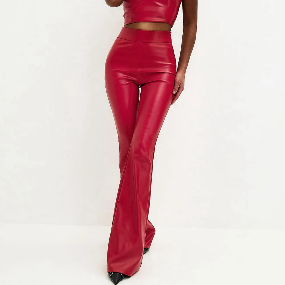 Wenkouban curvy casual outfits Women's 2024 Winter New High Waist Light PU Leather Pants Trousers Black Glossy Flared Trousers Women's Pants