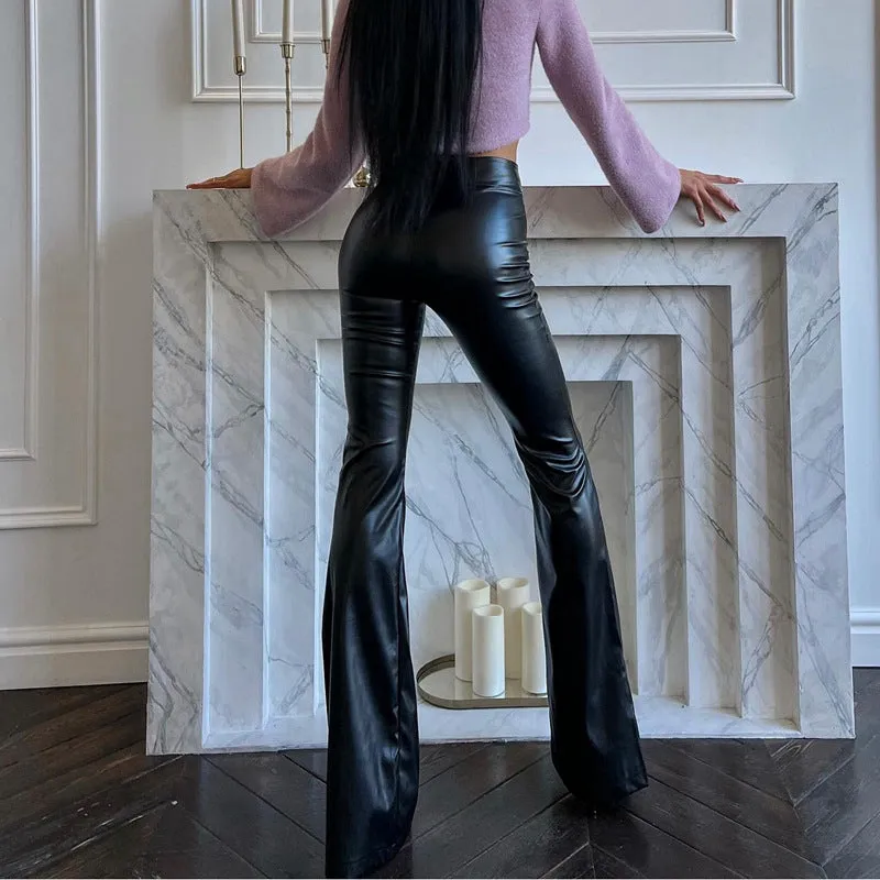 Wenkouban curvy casual outfits Women's 2024 Winter New High Waist Light PU Leather Pants Trousers Black Glossy Flared Trousers Women's Pants