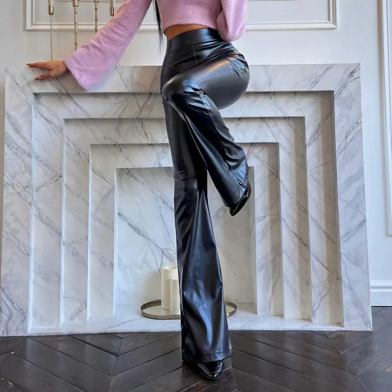 Wenkouban curvy casual outfits Women's 2024 Winter New High Waist Light PU Leather Pants Trousers Black Glossy Flared Trousers Women's Pants
