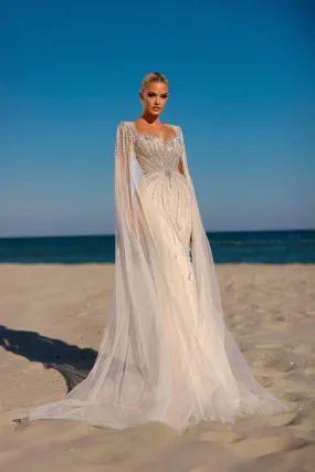 White Sequin Evening Gown with Cape Sleeves - White Sequin Dress - Designer Sequin Gown Plus Size