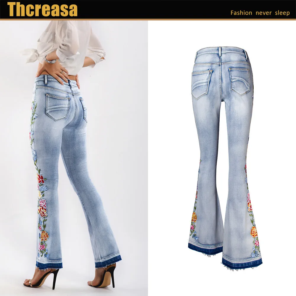 Women 3D Embroidery Jeans Trousers Flared Pants Large Size Women's Clothing