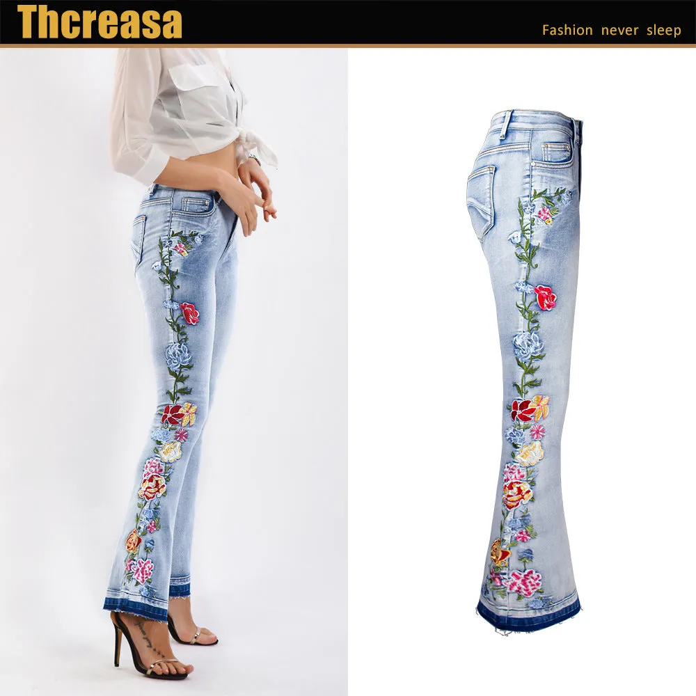 Women 3D Embroidery Jeans Trousers Flared Pants Large Size Women's Clothing