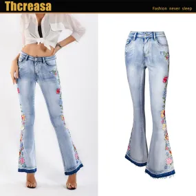 Women 3D Embroidery Jeans Trousers Flared Pants Large Size Women's Clothing